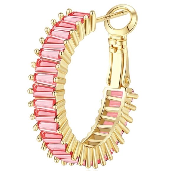 14K Yellow Gold with Rosy Pink Sapphire Cubic Zirconia Hoop Leverback Earrings - Picture 2 of 6